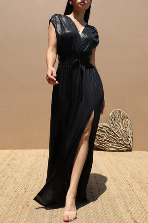 DD5124, METALLIC V NECK MAXI DRESS