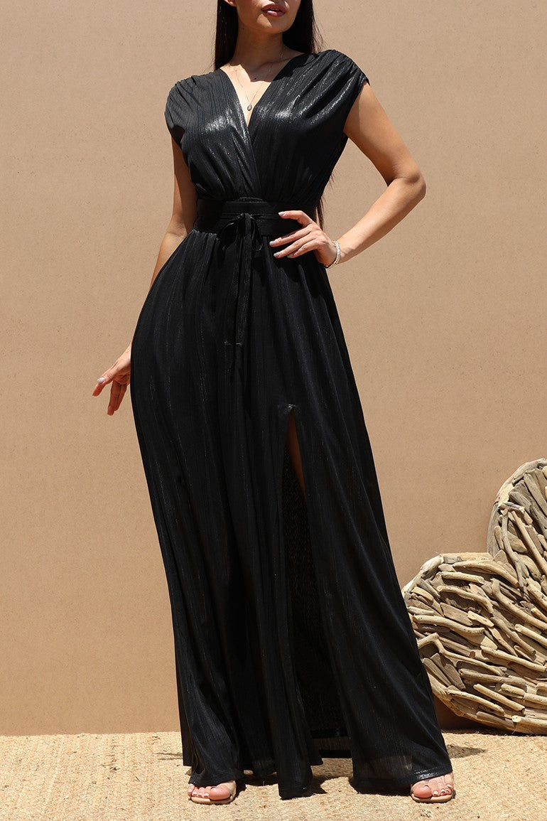 DD5124, METALLIC V NECK MAXI DRESS