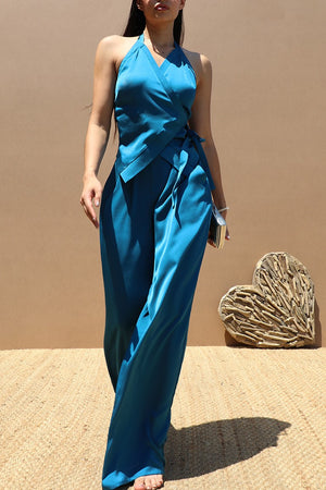 DD5174, LOOSE FIT WRAP TOP AND SATIN PANT SET