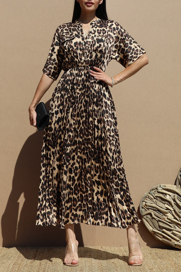 DD6654, LEOPARD PLEATED BUTTON DOWN SATIN LONG DRESS