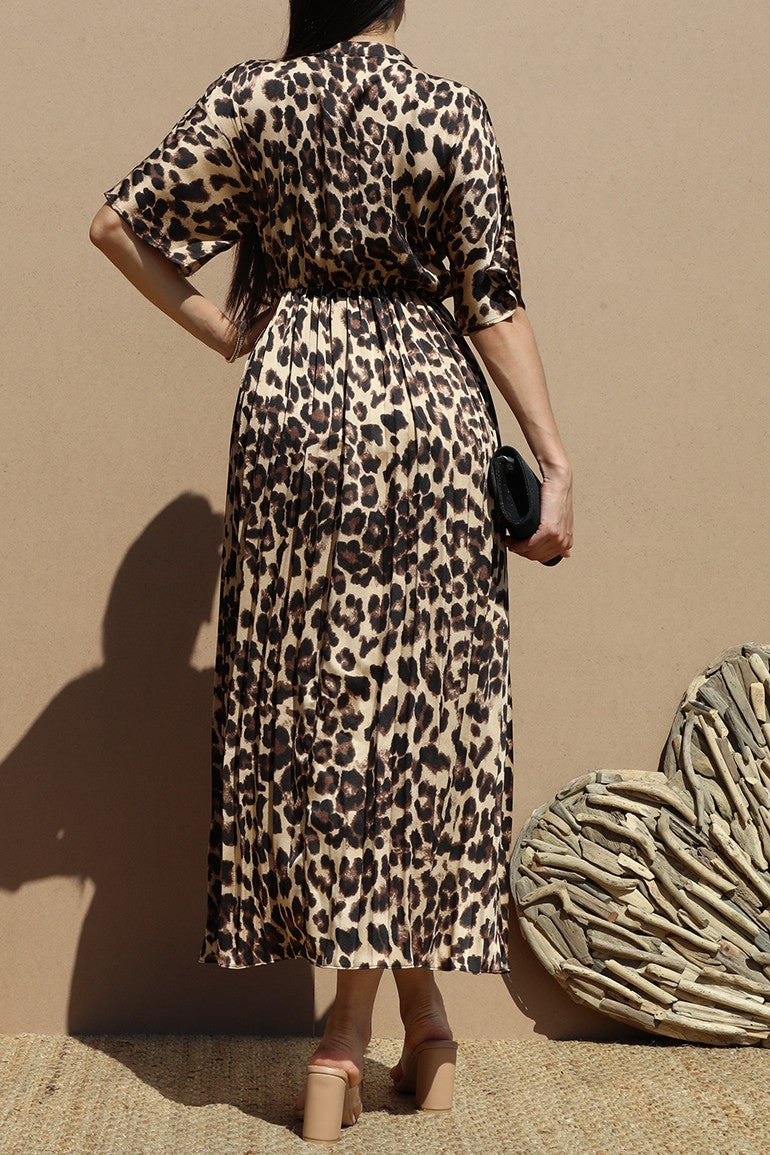 DD6654, LEOPARD PLEATED BUTTON DOWN SATIN LONG DRESS