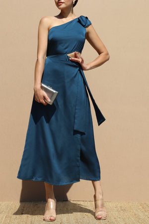 DD5154, ONE SHOULDER SATIN MIDI DRESS