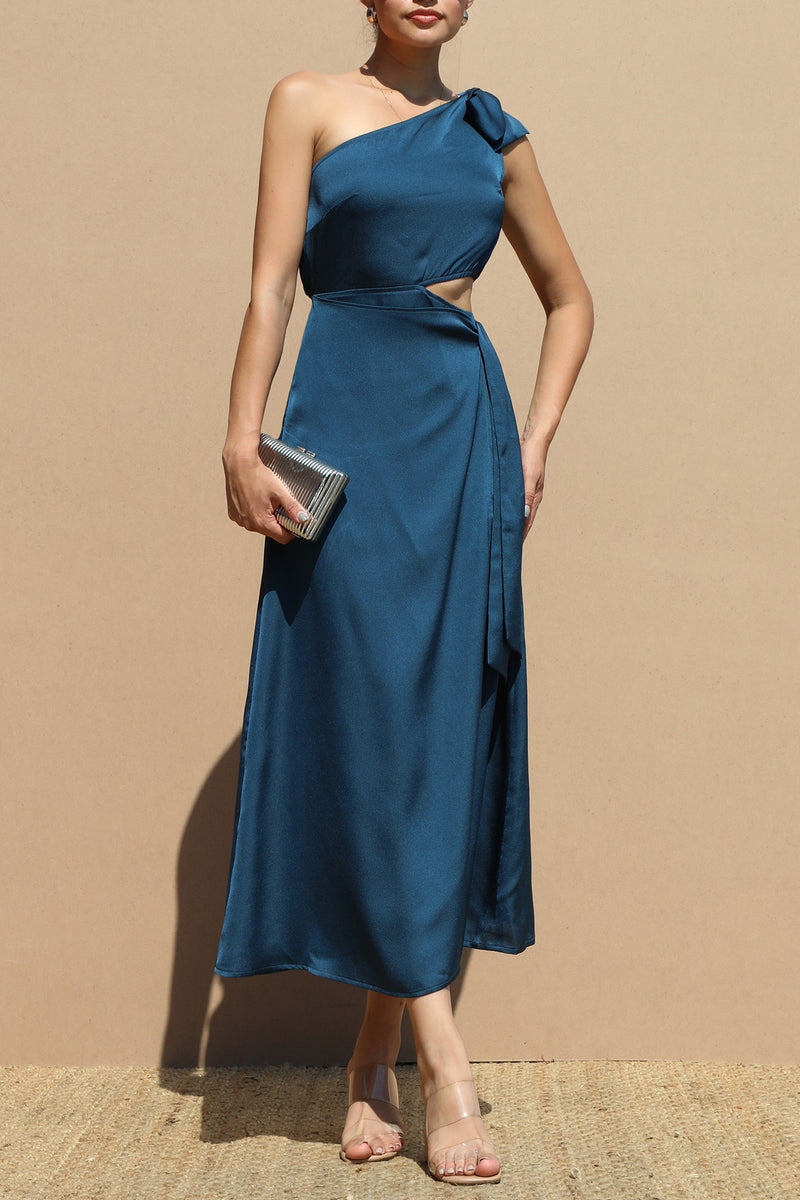 DD5154, ONE SHOULDER SATIN MIDI DRESS