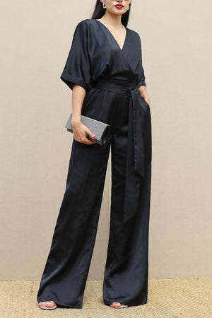 DD3798, V NECK SATIN JUMPSUIT