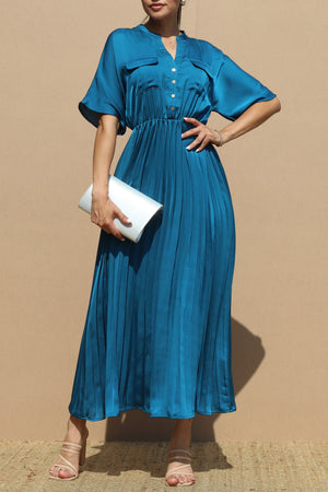 DD6467, PLEATED BUTTON DOWN SATIN LONG DRESS