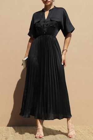 DD6467, PLEATED BUTTON DOWN SATIN LONG DRESS