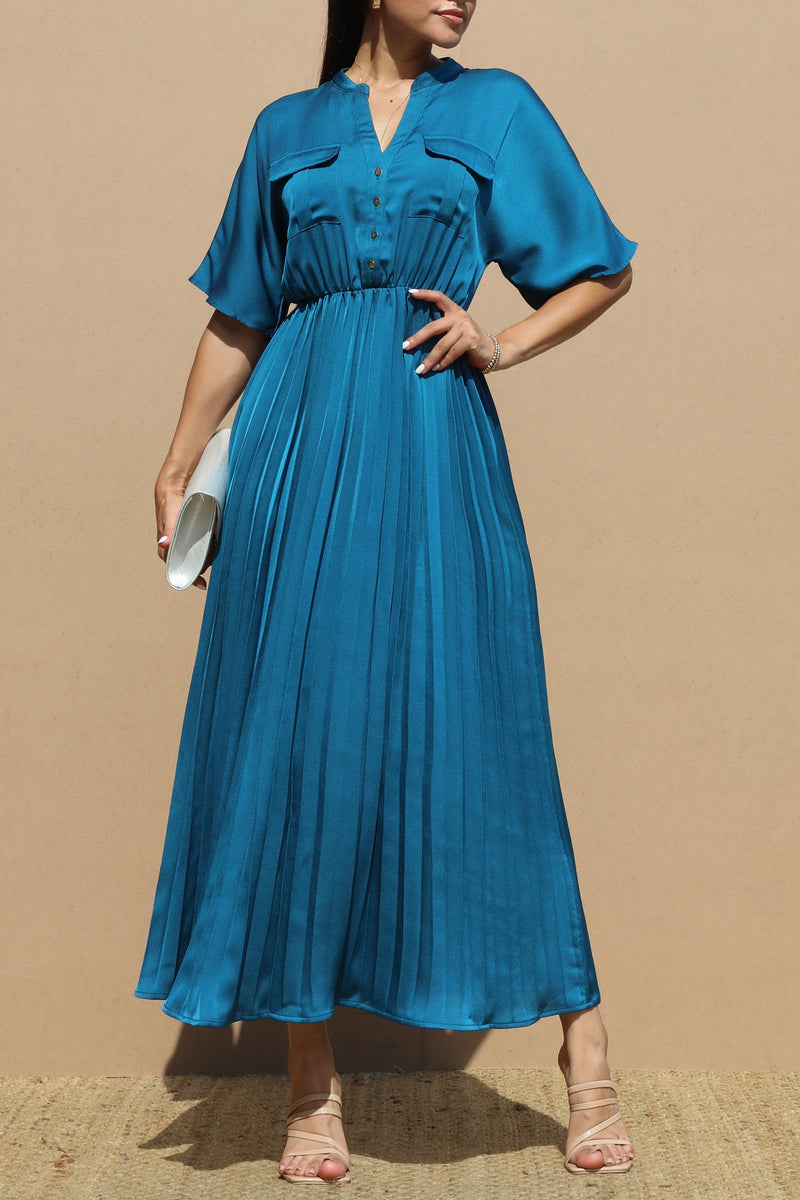 DD6467, PLEATED BUTTON DOWN SATIN LONG DRESS