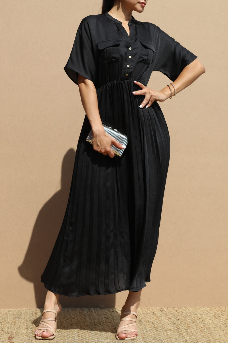 DD6467, PLEATED BUTTON DOWN SATIN LONG DRESS