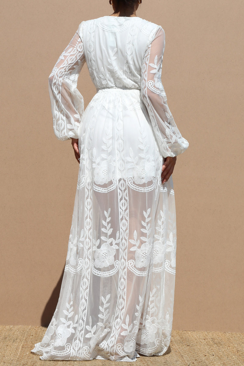 DD3164, LACE PUFF LONG SLEEVES MAXI DRESS