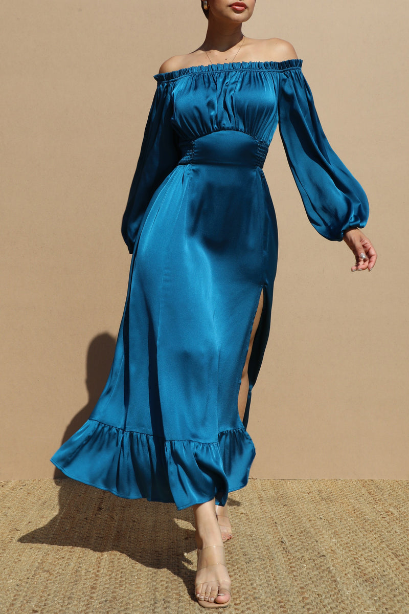 DD6570, OFF SHOULDER SATIN LONG DRESS