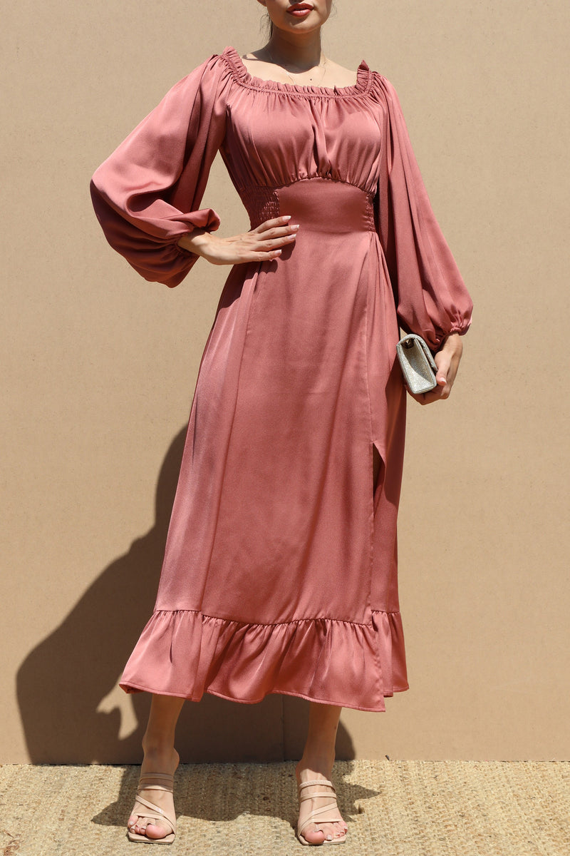 DD6570, OFF SHOULDER SATIN LONG DRESS