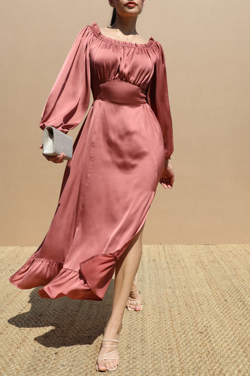 DD6570, OFF SHOULDER SATIN LONG DRESS