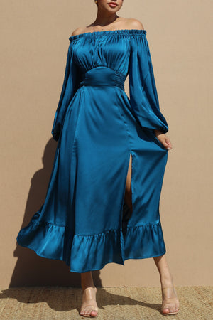 DD6570, OFF SHOULDER SATIN LONG DRESS