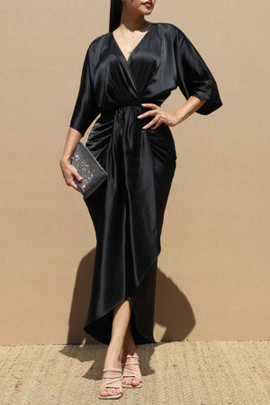 DD7858, RUCHED V NECK SATIN MIDI DRESS