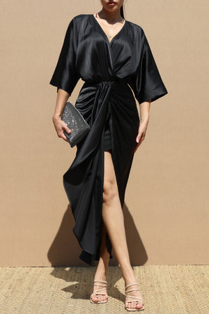 DD7858, RUCHED V NECK SATIN MIDI DRESS
