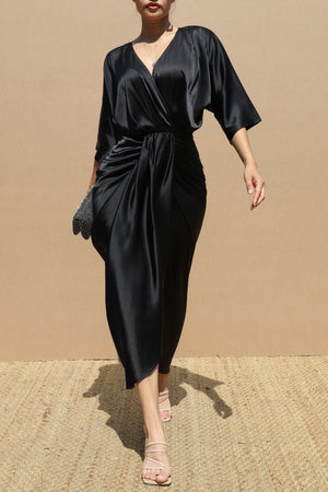 DD7858, RUCHED V NECK SATIN MIDI DRESS