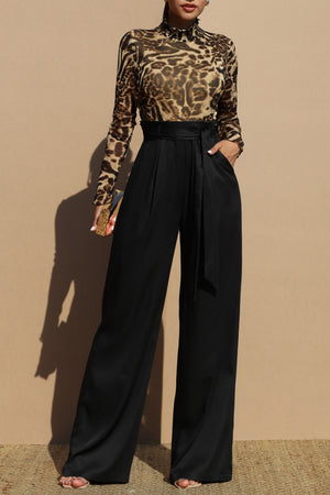 DD7741, LEOPARD MESH TOP WOVEN JUMPSUIT