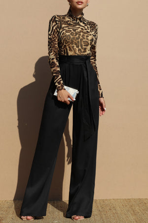 DD7741, LEOPARD MESH TOP WOVEN JUMPSUIT