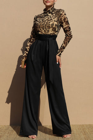 DD7741, LEOPARD MESH TOP WOVEN JUMPSUIT