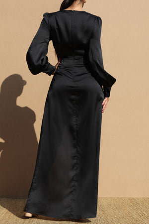 DD1655, PUFF SLEEVES SATIN MAXI DRESS