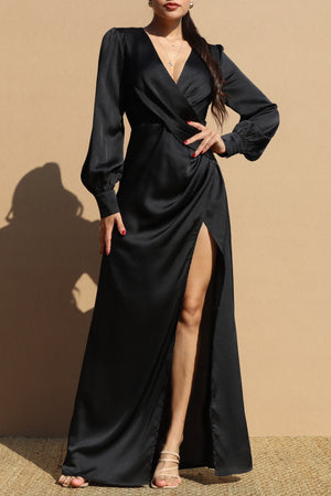 DD1655, PUFF SLEEVES SATIN MAXI DRESS