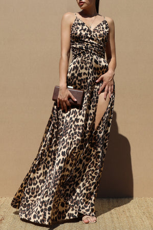 DD7859, Leopard Ruched Satin Maxi Dress