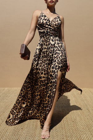 DD7859, Leopard Ruched Satin Maxi Dress