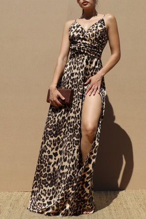 DD7859, Leopard Ruched Satin Maxi Dress