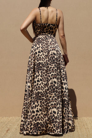 DD7859, Leopard Ruched Satin Maxi Dress