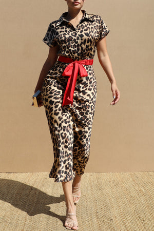 DD8766, Leopard Button Down Belted Midi Dress
