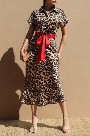 DD8766, Leopard Button Down Belted Midi Dress