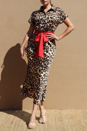 DD8766, Leopard Button Down Belted Midi Dress
