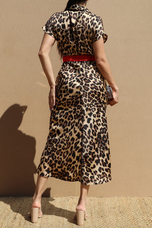 DD8766, Leopard Button Down Belted Midi Dress