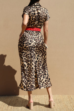 DD8766, Leopard Button Down Belted Midi Dress