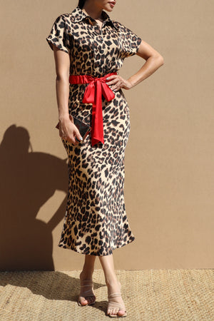 DD8766, Leopard Button Down Belted Midi Dress