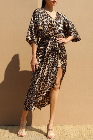 DD7695, LEOPARD V NECK SATIN MIDI DRESS