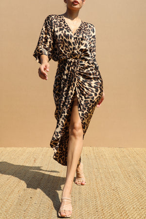 DD7695, LEOPARD V NECK SATIN MIDI DRESS