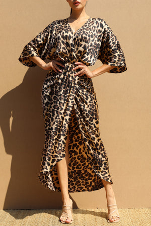 DD7695, LEOPARD V NECK SATIN MIDI DRESS