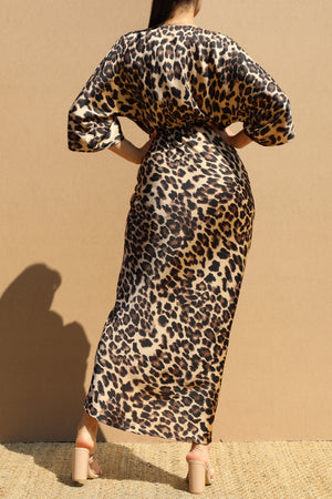 DD7695, LEOPARD V NECK SATIN MIDI DRESS