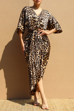 DD7695, LEOPARD V NECK SATIN MIDI DRESS