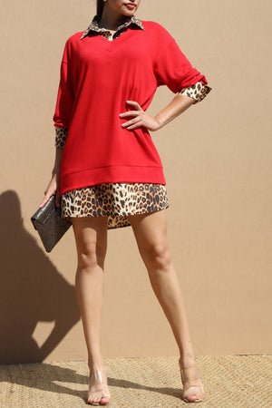 DD6633, LEOPARD BUTTON DOWN KNIT SHIRT DRESS