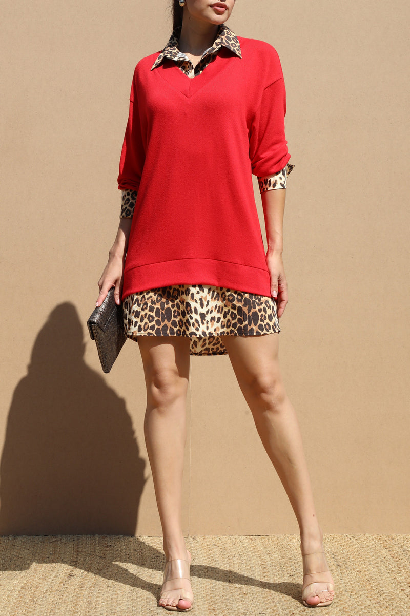 DD6633, LEOPARD BUTTON DOWN KNIT SHIRT DRESS