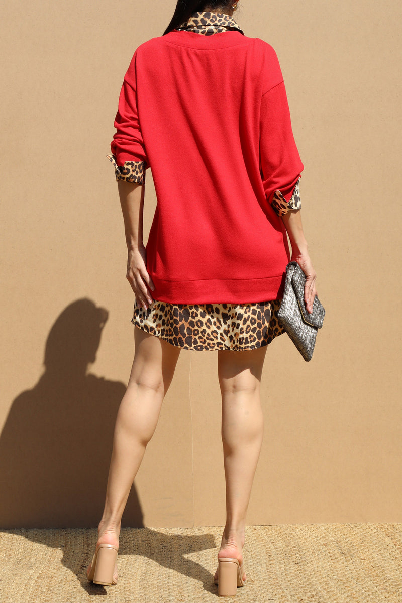 DD6633, LEOPARD BUTTON DOWN KNIT SHIRT DRESS