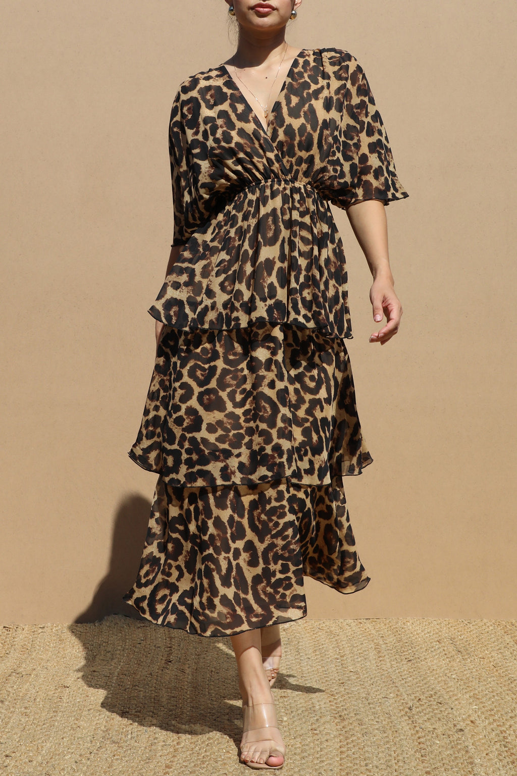 DD6642, LEOPARD WOVEN TIERED MIDI DRESS