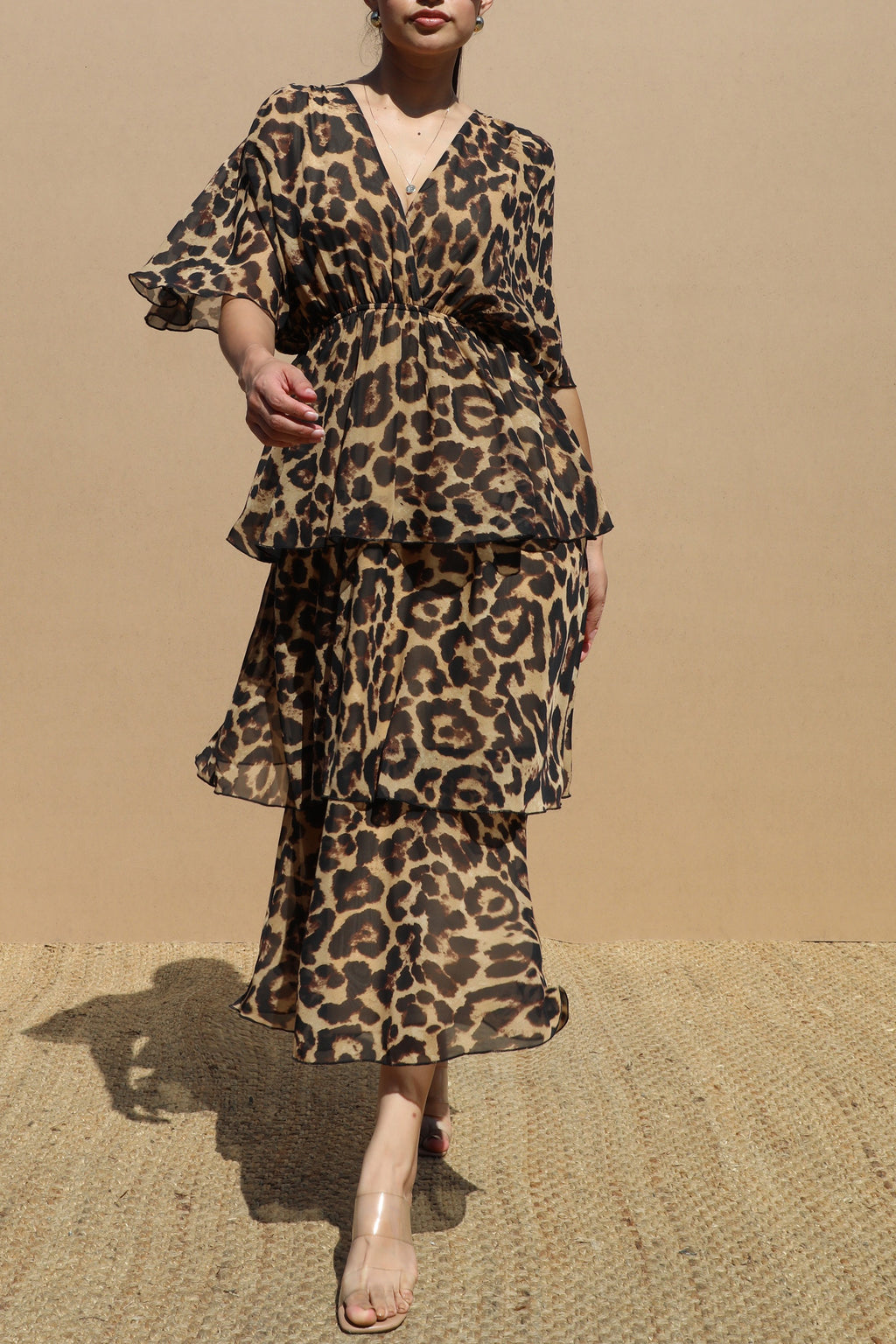 DD6642, LEOPARD WOVEN TIERED MIDI DRESS