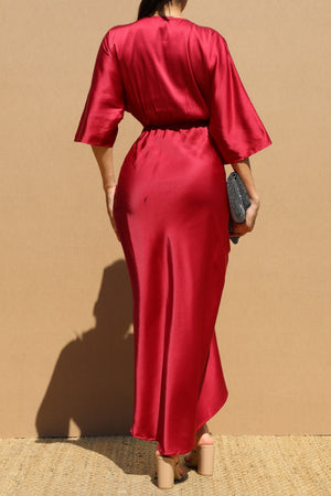 DD7858, RUCHED V NECK SATIN MIDI DRESS