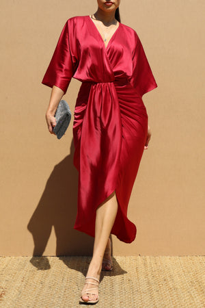 DD7858, RUCHED V NECK SATIN MIDI DRESS