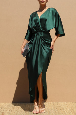 DD7858, RUCHED V NECK SATIN MIDI DRESS