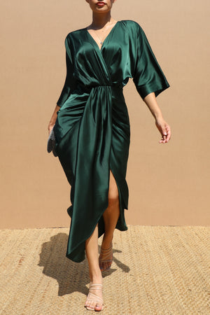DD7858, RUCHED V NECK SATIN MIDI DRESS