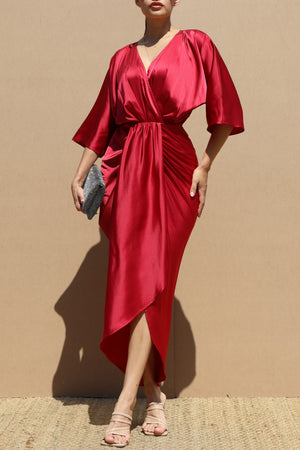 DD7858, RUCHED V NECK SATIN MIDI DRESS